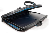 An open black 13"-14" Alienware Vindicator slim laptop carrying case w/alien logo & black, padded shoulder strap.