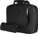 A black 13"-14" Alienware Vindicator slim laptop carrying case w/alien logo & black, padded shoulder strap.