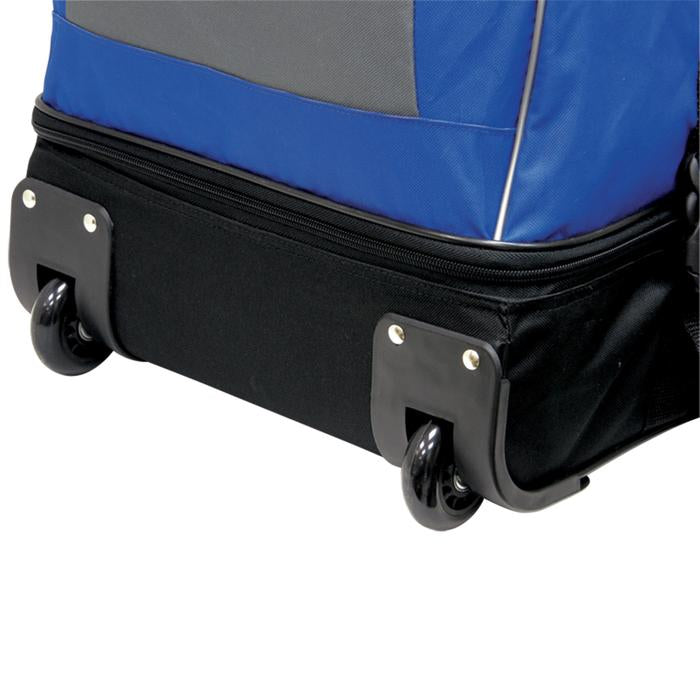 Bottom view of blue & grey 36" Adventure 2-Section Drop Bottom Rolling Duffel Bag. In-line blade wheels, telescopic handle & Shoe pocket. 