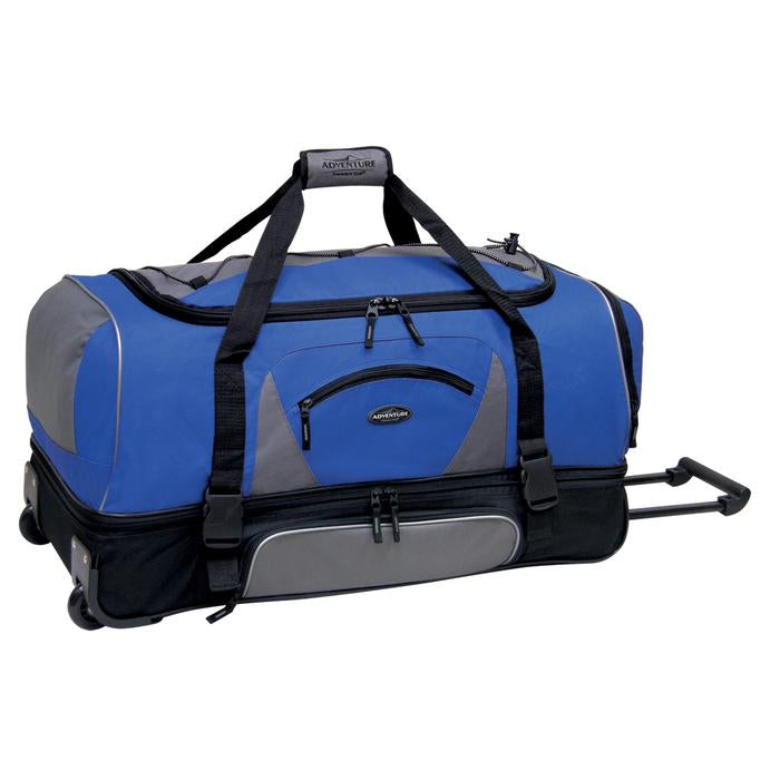 A blue & black 36" Adventure 2-Section Drop Bottom Rolling Duffel Bag. In-line blade wheels, telescopic handle & Shoe pocket. 