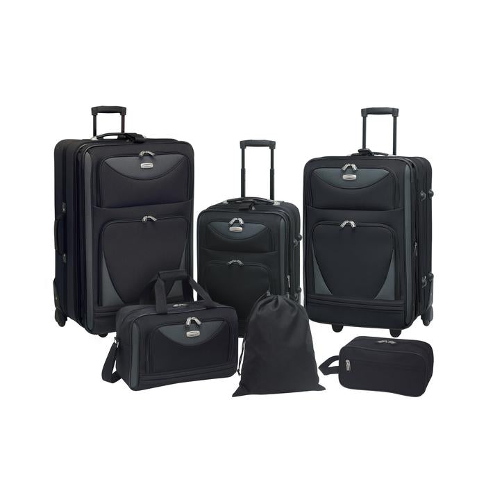 A black 6-piece softside Sky View Expandable Luggage Value Set w/ push-button recessed locking handle system, fully-lined interior, In-line blade wheels & 2 front accessory pockets. Set includes three pieces of luggage that are 28", 24" and 20",  a 16" boarding tote, 11” travel kit, and 16” drawstring shoe bag.