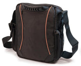 Back view of black 1680D Ballistic Nylon 13.3" Mini Messenger Bag w/ orange trim, padded compartments for tablet / electronic devices, Mobile Phone Pocket & Side Mesh Water Bottle Pocket