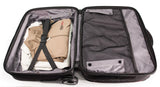 An open black 13"-17.3” Professional Rolling Laptop briefcase made from ballistic nylon. Includes 5-stage telescoping handle, a padded top carry, in-line skate wheels, trolley strap for stacking on other luggage. Also has adjustable, padded laptop compartment, separate fleece lined pouch for an iPad, tablet or e-reader, a large file section, oversized compartment & zippered front organizer section.