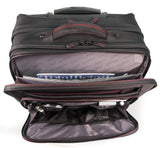 An open black 13"-17.3” Professional Rolling Laptop briefcase made from ballistic nylon. Includes 5-stage telescoping handle, a padded top carry, in-line skate wheels, trolley strap for stacking on other luggage. Also has adjustable, padded laptop compartment, separate fleece lined pouch for an iPad, tablet or e-reader, a large file section, oversized compartment & zippered front organizer section.