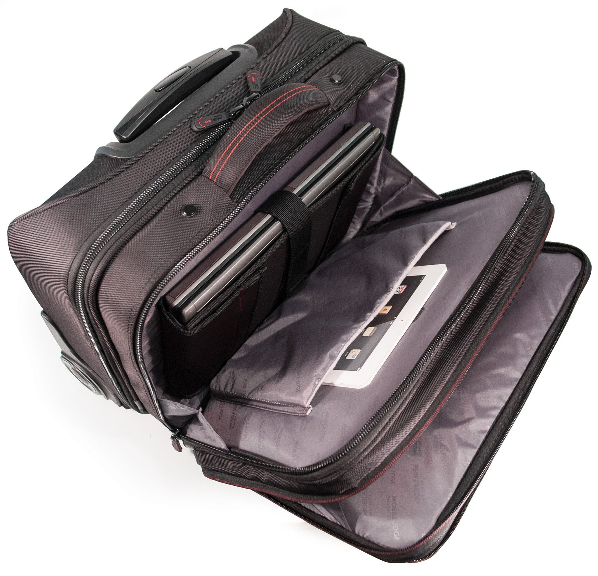 An open black 13"-17.3” Professional Rolling Laptop briefcase made from ballistic nylon. Includes 5-stage telescoping handle, a padded top carry, in-line skate wheels, trolley strap for stacking on other luggage. Also has adjustable, padded laptop compartment, separate fleece lined pouch for an iPad, tablet or e-reader, a large file section, oversized compartment & zippered front organizer section.