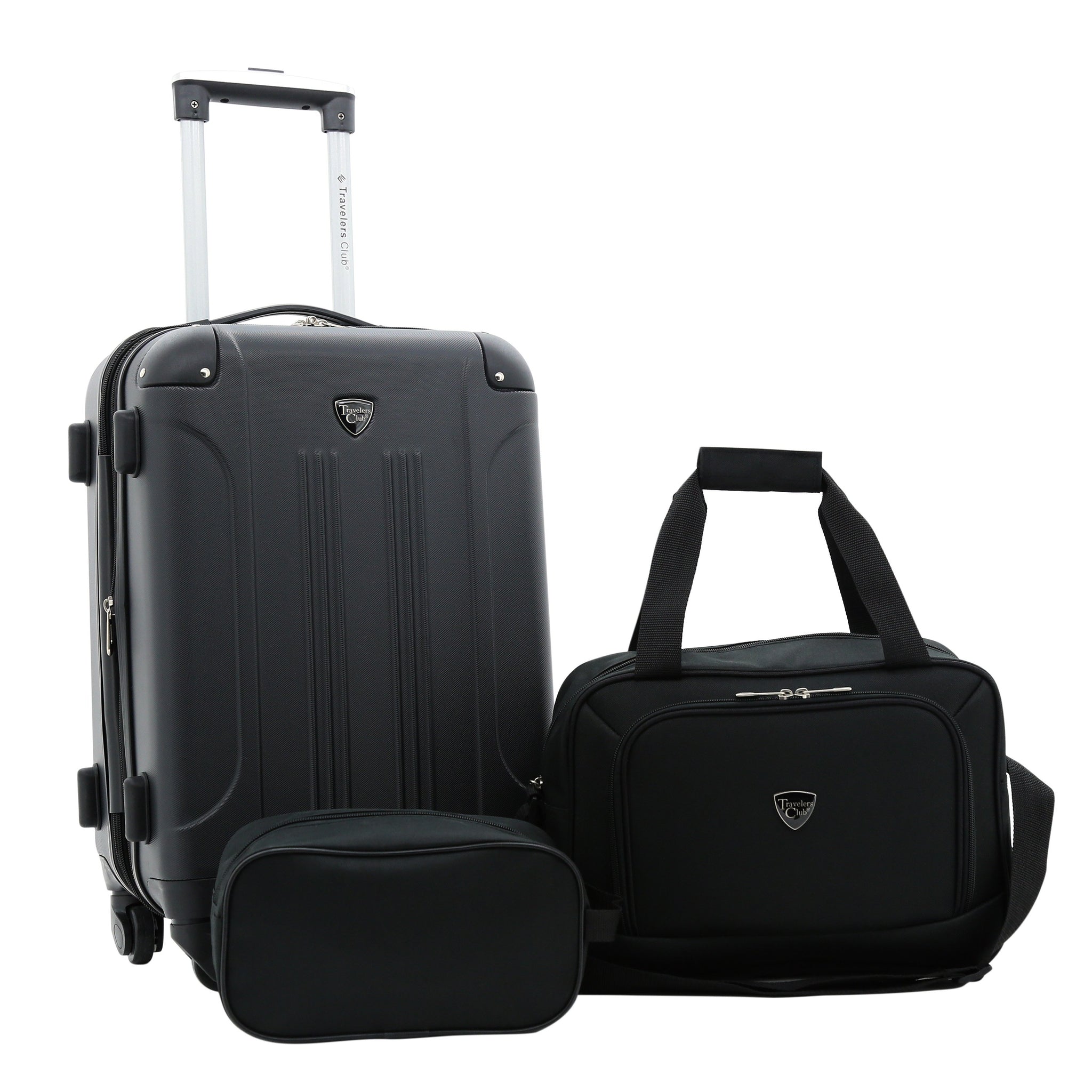 A black, expandable 3-pc Chicago Plus Carry-On Set w/ 360º Spinner wheels, telescopic handle, Corner guards & 4 side studs.