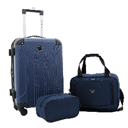 A navy, expandable 3-pc Chicago Plus Carry-On Set w/ 360º Spinner wheels, telescopic handle, Corner guards & 4 side studs.
