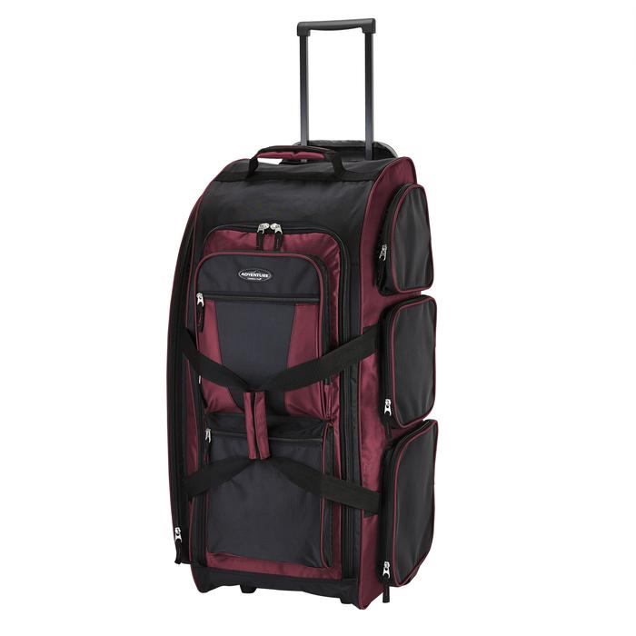 A burgundy 30" rolling upright multi-pocket duffel.
